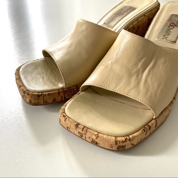 Vintage Retro Madison & Max Genuine Leather Ivory Cork Square Toe Wedge Sandal - Picture 2 of 11